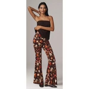 By Anthropologie Satin Flare Pants Retro Moody Maximalist‎ Dark Floral Size 14